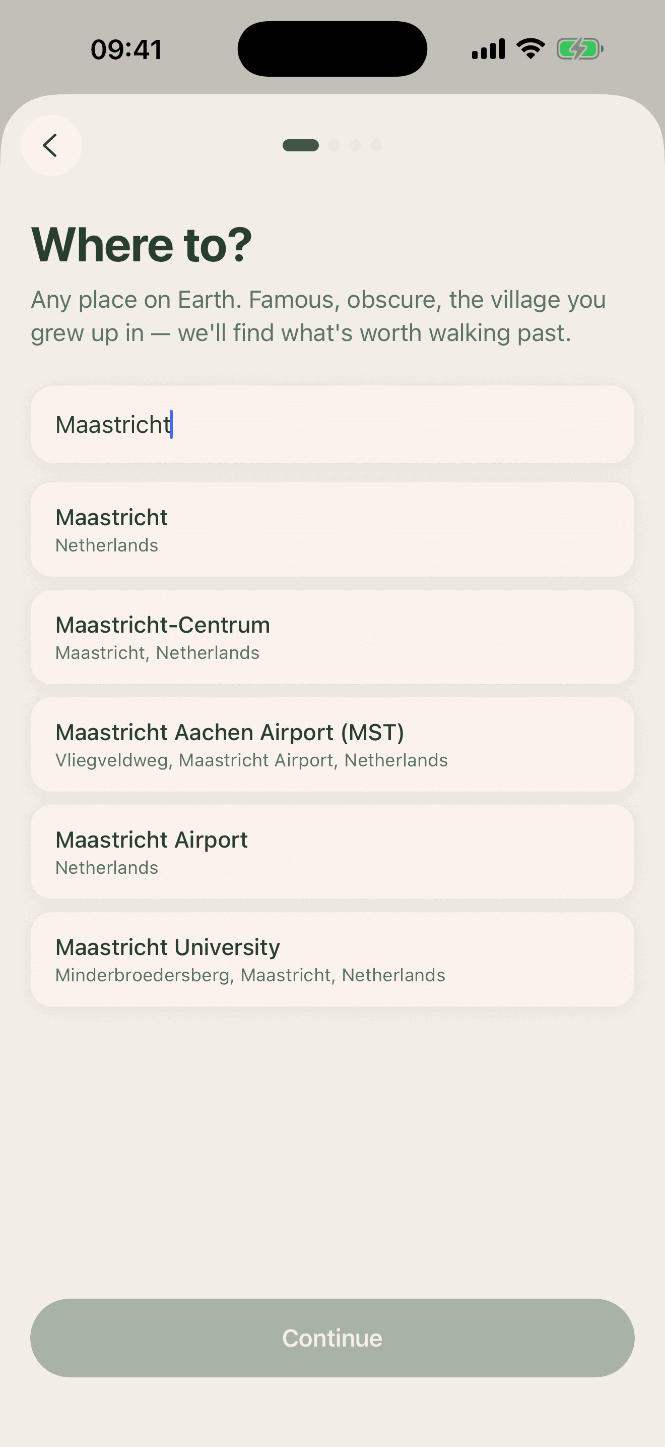 PodWalk's “Where to?” screen, searching for Maastricht