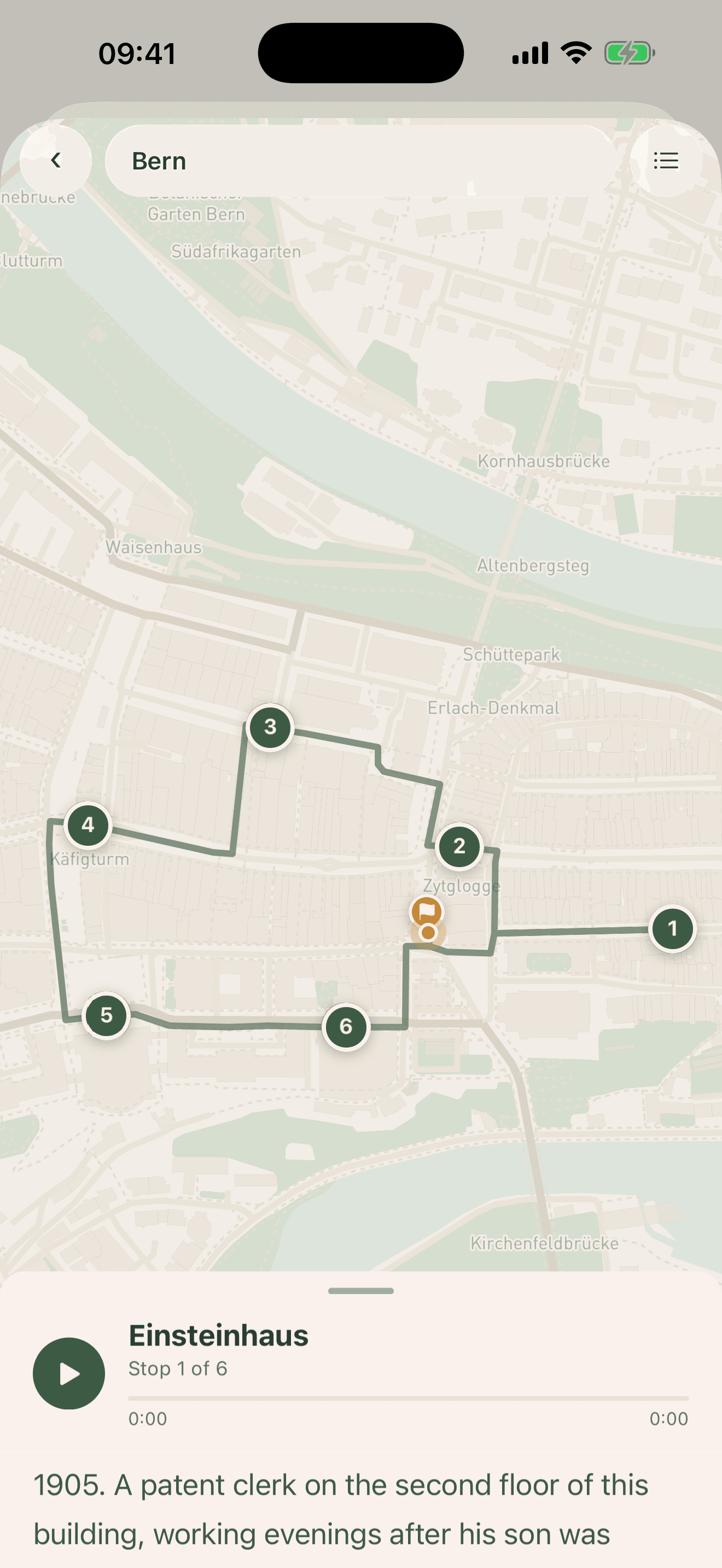 PodWalk walk mode — a route through Bern with narration for each stop